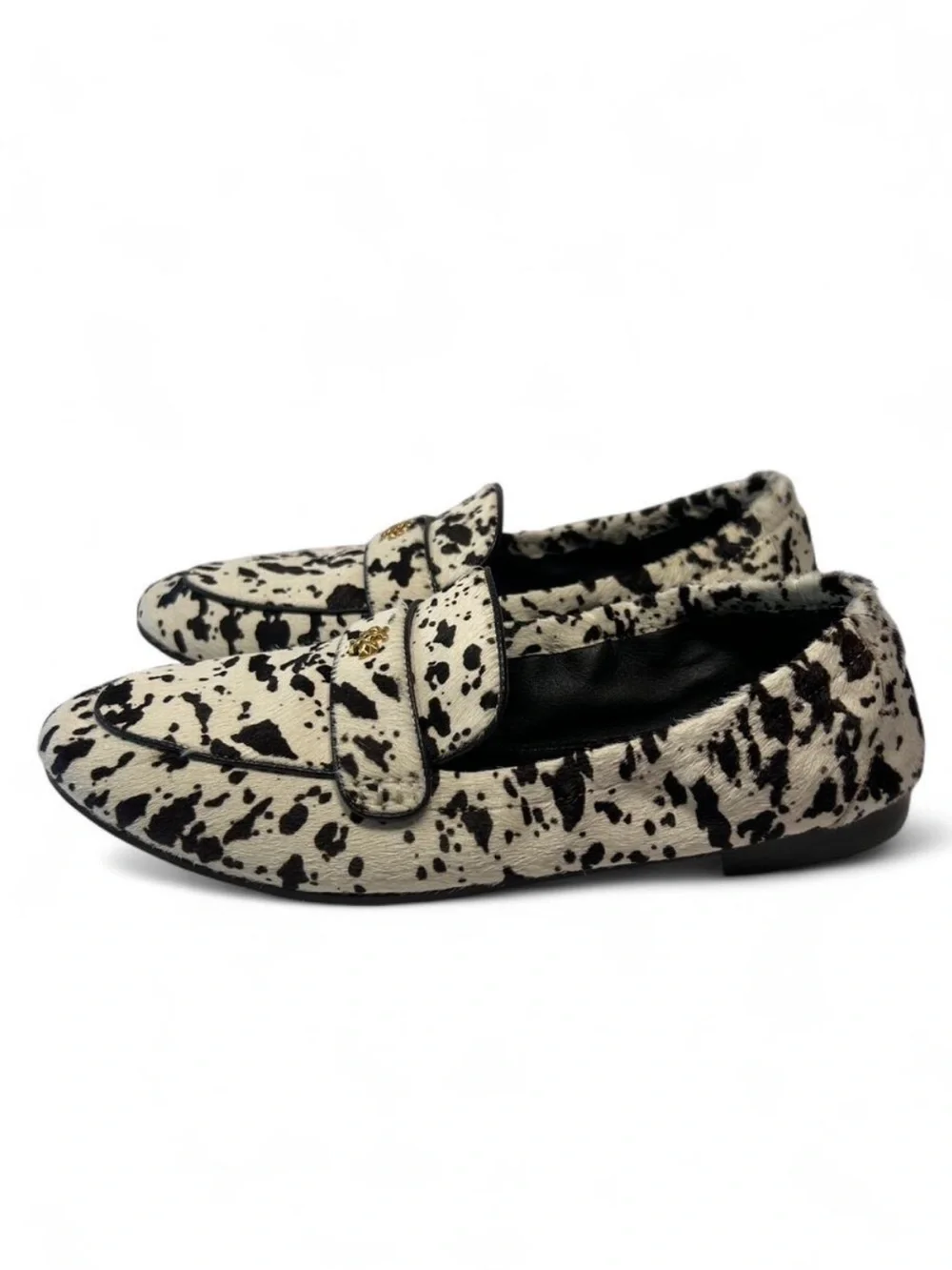 Tory Burch Ballet Loafers in Cow Print, dyed calf hair, smooth leather piping.